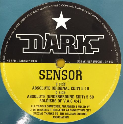 Sensor – Absolute (1996) belga trance/hard trance bakelit maxi, VG+ állapotban