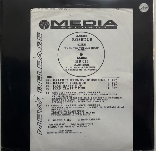 Rosedub – Turn The Volume High Remix 12" white label vinyl, Heartbeat HB 026, house dub promo 1995 Italy