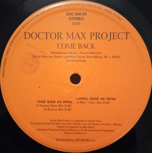 Doctor Max Project – Come Back (1995) olasz italodance bakelit maxi, VG+ állapotban