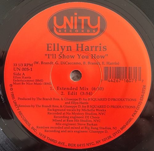 Ellyn Harris – I'll Show You How 12" vinyl, Unity Records UN005-1, garage house 1995 US