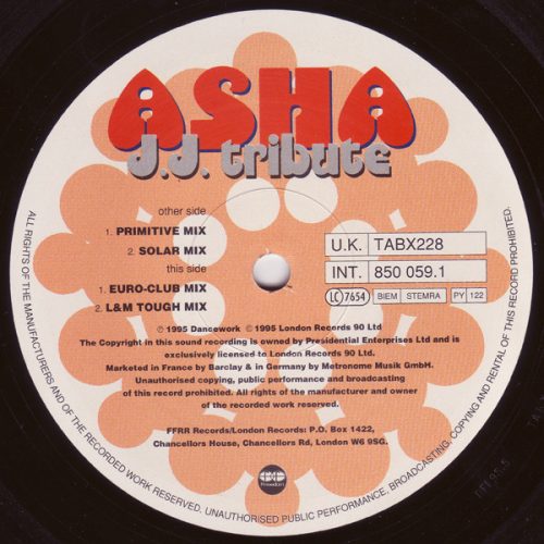 ASHA – J.J. Tribute 12" vinyl, Ffrreedom UK 1995, italo house, euro house remix maxi